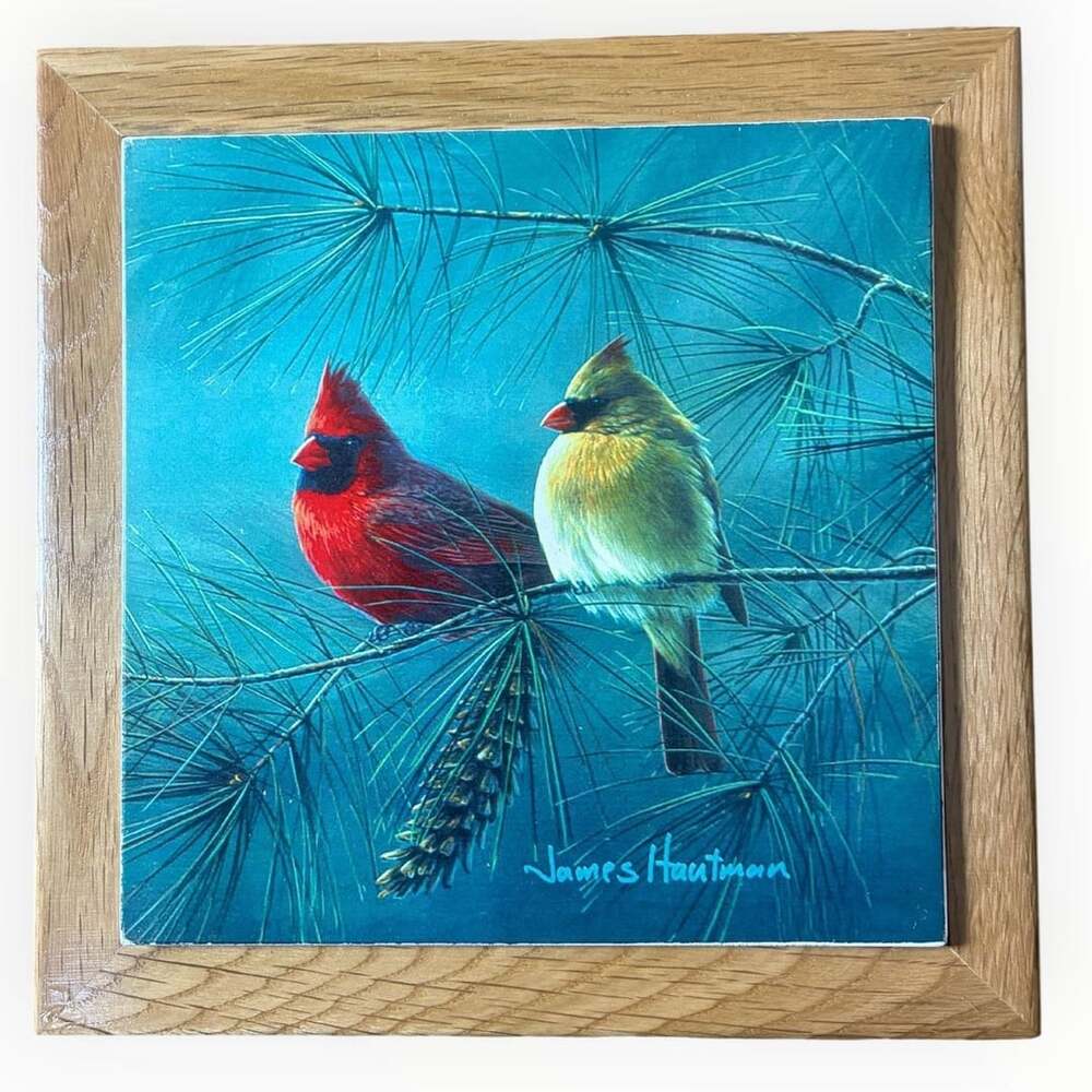 James Hautman Cardinal Art Tile Wood Framed Print Wildlife Decor